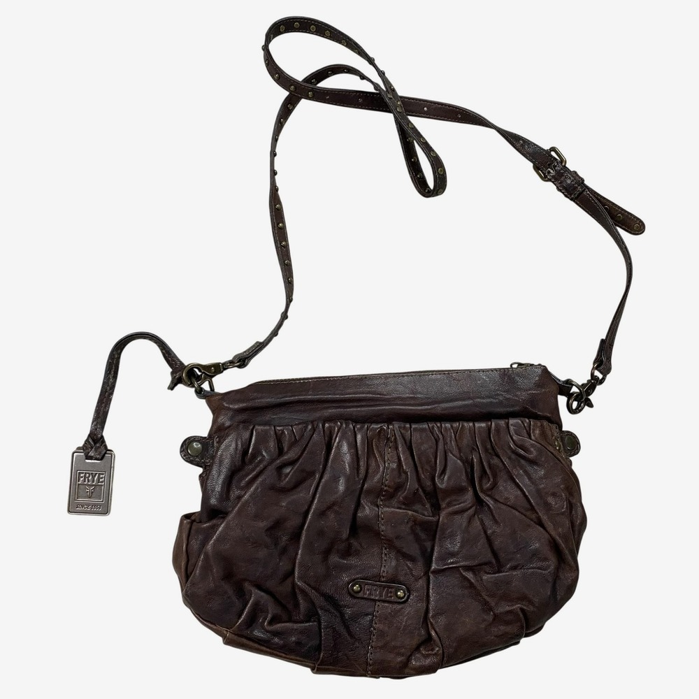 Frye Mimi Crossbody Bag Medium Brown Leather Ruched Ring Studded Purse Western